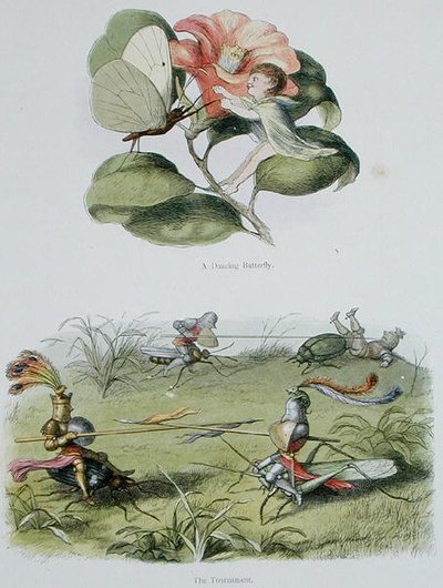 Tańczący motyl i turniej, ilustracje z „W krainie baśni: seria obrazków ze świata elfów” Williama Allinghama i Andrew Langa (kolor lito) autorstwa Richard Doyle