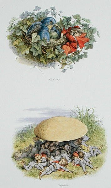 Wspinaczka i odpoczynek, ilustracje z „W krainie bajek: seria obrazków ze świata elfów” Williama Allinghama i Andrew Langa (kolor lito) autorstwa Richard Doyle