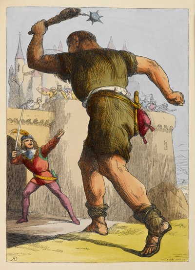 Jack gotowy do walki z olbrzymem przed zamkiem. Kolorowa ilustracja w książce dla dzieci. autorstwa Richard Doyle
