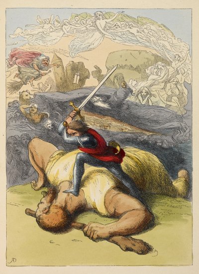 Jack stojący na ciele olbrzyma z uniesionym mieczem. Kolorowa ilustracja w książce dla dzieci. autorstwa Richard Doyle