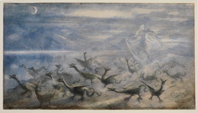 Księżycowy krajobraz, z wiedźmą i młodymi smokami, 1876 autorstwa Richard Doyle