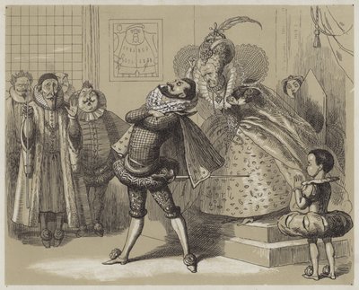 Uderzająca scena między królową Elżbietą i jej ulubionym Essexem (akwatinta) autorstwa Richard Doyle