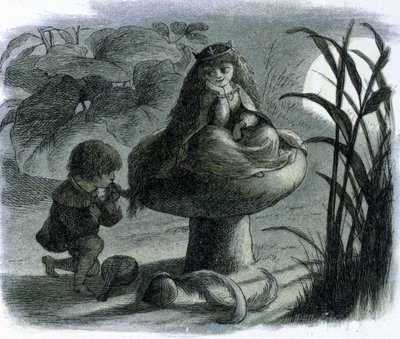 Wróżka wodna siedząca na grzybie jest zabiegana przez kochanka. W „Świat wróżek” Richarda Doyle autorstwa Richard Doyle