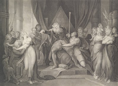 Król Lear wyrzuca swoją córkę Cordelię Shakespeare, K..., po raz pierwszy opublikowana w 1792 r., wznowiona w 1852 r. autorstwa Richard Earlom