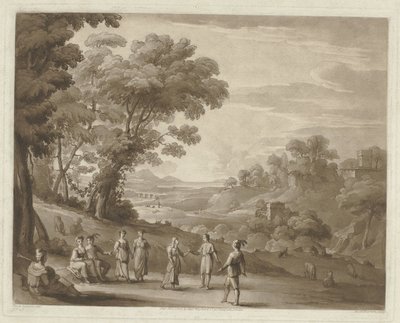 Krajobraz z tańczącymi postaciami Wydruki według rysunków Claude Lorrain (tytuł serii) Liber Veritatis (tytuł serii) autorstwa Richard Earlom
