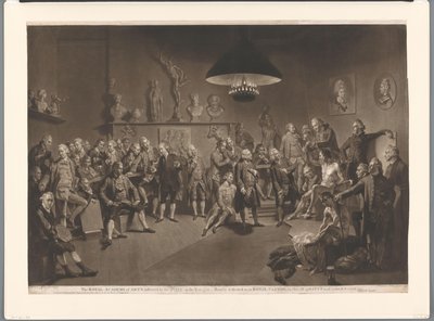 Członkowie Akademii Królewskiej we wnętrzu z nagim modelem, 1768 Królewska Akademia Sztuk, ustanowiona przez króla w roku 1768 (tytuł na obiekcie) autorstwa Richard Earlom