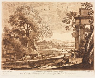 Liber Veritatis: nr 133, Krajobraz z bydłem i aniołem pocieszającym Hagar, 1776. autorstwa Richard Earlom