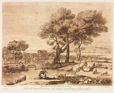 Liber Veritatis: nr 135, Krajobraz z budynkami, bydło kradnące rtęć Admetuss..., 1776. autorstwa Richard Earlom