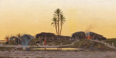 Wieczorny nastrój nad wioską, na rewersie tytuł Arabisches Dörfchen w Tunisie autorstwa Richard Fuchs