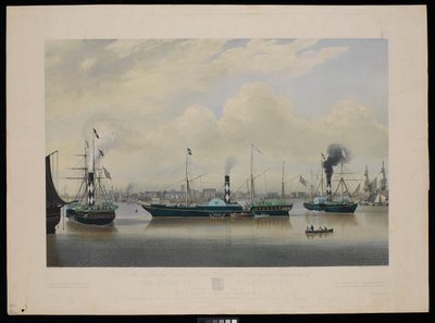 Dla Humber Union Steam Packet Company ta grafika statku parowego Wilberforce w trzech pozycjach z widokiem na port i miasto Hull... autorstwa Richard G. Reeve