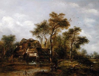 Młyn z człowiekiem łowiącym ryby (olej na płótnie) autorstwa Richard Hilder