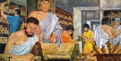 Uczeni przy pracy w słynnej bibliotece aleksandryjskiej autorstwa Richard Hook