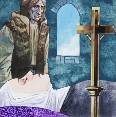 Sir Lancelot przybywa do klasztoru i odkrywa, że królowa Guinivere już nie żyje. autorstwa Richard Hook
