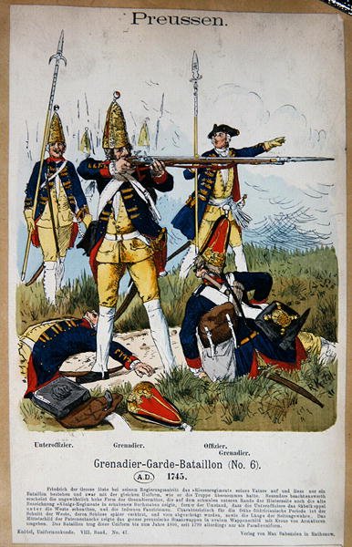 Pruscy grenadierzy i oficerowie w 1745 r., ok. 1890 r. (litografia barwna) autorstwa Richard Knoetel