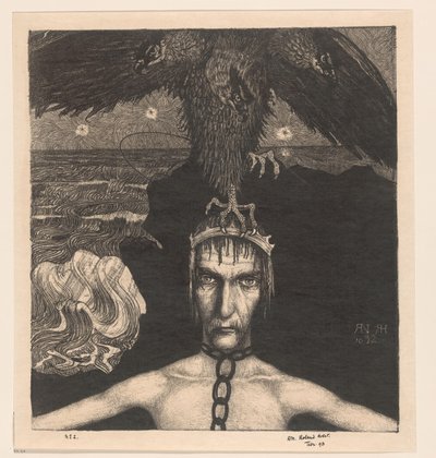 Przykuty mężczyzna z trójgłowym ptakiem drapieżnym na głowie Anangke (Przeznaczenie) (tytuł oryginalny) autorstwa Richard Nicolaüs Roland Holst (signed by artist)