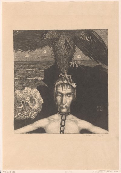 Przykuty mężczyzna z trójgłowym ptakiem drapieżnym na głowie Anangke (Przeznaczenie) (tytuł oryginalny) autorstwa Richard Nicolaüs Roland Holst