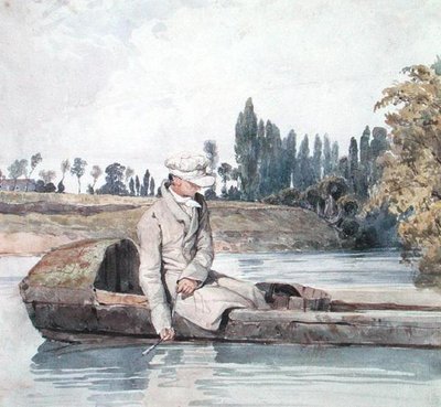 Mężczyzna łowiący ryby z łodzi na rzece (akwarela na papierze) autorstwa Richard Parkes Bonington