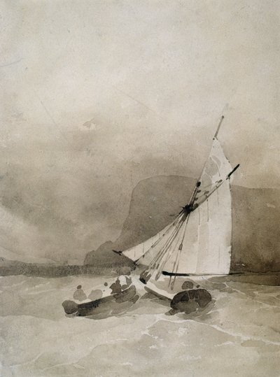 Żaglowiec i łódź wiosłowa na wzburzonym morzu przy Beachy Head, Sussex autorstwa Richard Parkes Bonington