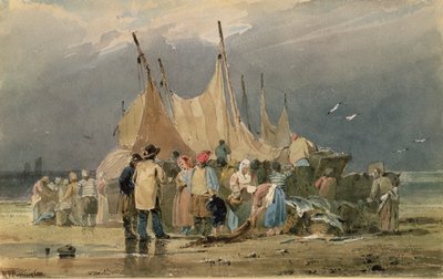 Rybacy na plaży, nadchodzi burza (akwarela) autorstwa Richard Parkes Bonington