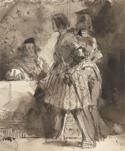 Goetz von Berlichingen przed cesarskim magistratem, ok. 1826 (brązowe rozmycie i tusz na graficie na papierze) autorstwa Richard Parkes Bonington