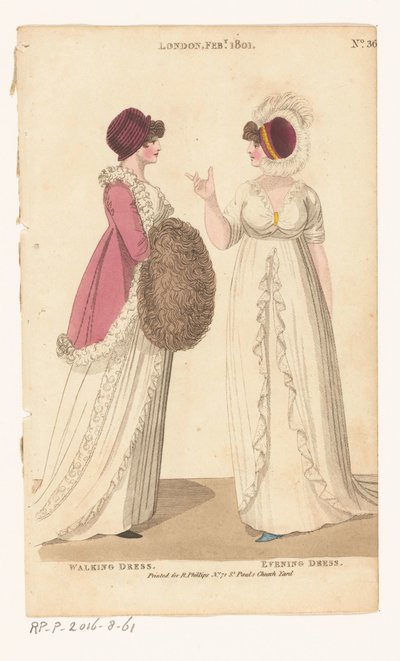 Magazyn Mody Kobiecej Londynu i Paryża. nr 36. Londyn luty 1801: Walking Dress; Suknia wieczorowa autorstwa Richard Phillips
