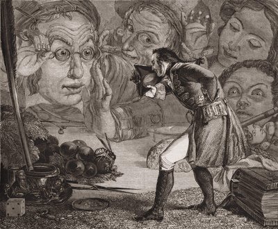 Podróże Guliwera Jonathana Swifta. Gulliver wystawiony na stole ku podziwowi mieszkańców Brobdingnag. Grawerowanie Redgrave. autorstwa Richard Redgrave