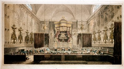 Widok na Izbę Lordów, wyższą izbę parlamentu Wielkiej Brytanii. Grawerowanie przez Rothwella. XIX-wieczna Galeria Parker, Londyn autorstwa Richard Rothwell