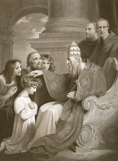 Książę Alfred przed papieżem Leonem III, rycina J. Stow, ilustracja z „Historii Anglii” Davida Hume