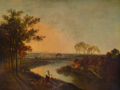 Angielska rzeka o zachodzie słońca, w oddali walijskie wzgórza, ok. 1760, 1938 r. autorstwa Richard Wilson