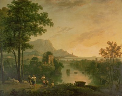 Nadmorski krajobraz wieczorem z tańczącymi pasterzami i pasterzami autorstwa Richard Wilson