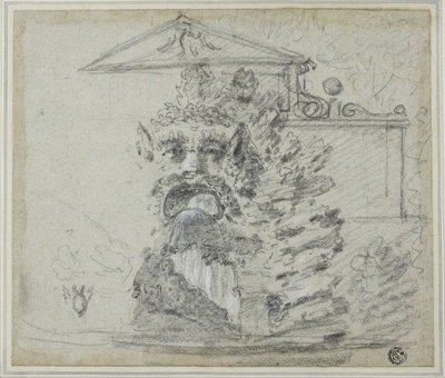 „Il Mascherone”, fontanna Rocaille na terenie Villa Borghese, ok. 1754 (czarna kreda, podwyższona białą kredą i grafitem, na niebieskim papierze wykładanym, ułożona na kartonie) autorstwa Richard Wilson