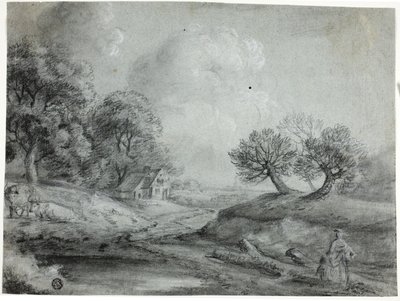 Pejzaż z kobietą i krowami (kreda czarna z pniakiem, podwyższona białą kredą, na niebieskim papierze wykładanym) autorstwa Richard Wilson