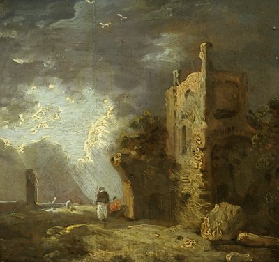 Zrujnowana wieża z figurą, ok. 1770-79 (olej na płótnie) autorstwa Richard Wilson