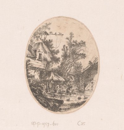 Widok na rzekę, gdzie kobiety robią pranie Zbiór widoków, pejzaży, fragmentów antycznych i tematów historycznych (tytuł serii) Recueil de griffonis, de vues, paysages, fragmenty antiques et sujets historiques (tytuł serii) autorstwa Richard de Saint Non