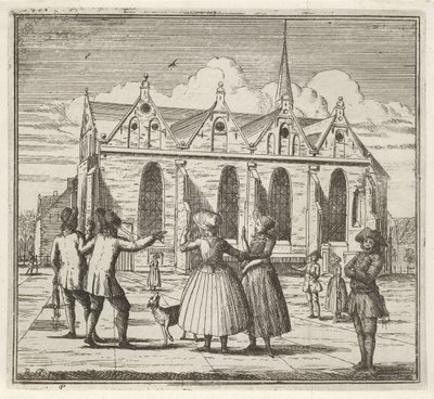 Mężczyźni i kobiety na placu w pobliżu Grote Kerk w Leeuwarden Zima. (tytuł serii) Sceny zimowe (tytuł serialu) autorstwa Rienk Jelgerhuis