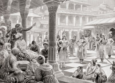 Akbar grający pachisi lub chaupur z żywymi utworami w Fatehpur Sikri w 1575, z Historii Narodów Hutchinsona, wyd. 1915 autorstwa Robert (after) Dudley