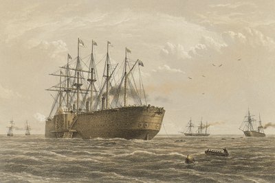 "Great Eastern" pod ciężarem 23 lipca (eskorta i inne wprowadzone statki to Terrible, Sphinx, Hawk i Caroline) autorstwa Robert (after) Dudley