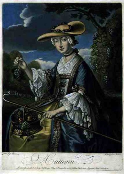 Jesień, grawerowane przez C. Corbutt (Richard Purcell) (fl.1746-66), wyd. Robert Sayer, c.1760 (rycina mezzotinta) (patrz także 125559-61) autorstwa Robert (after) Pyle