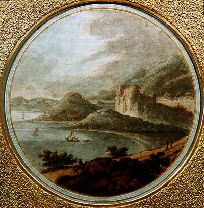 Zamek nad zatoką morską ze statkami, ok. 1775 (pióro i atrament z akwarelą na papierze) autorstwa Robert (attr. to) Adam