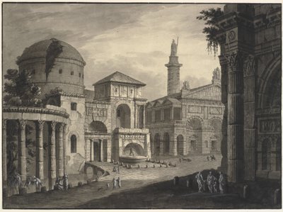 Fantazja architektoniczna starożytnego miasta z placem i wieloma budynkami, częściowo w ruinach autorstwa Robert Adam