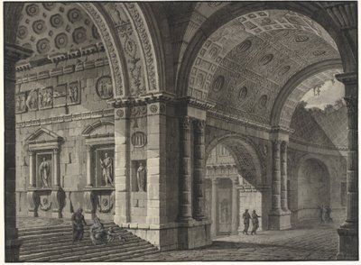 Fantazja architektoniczna wnętrza starożytnego budynku z częściowo zrujnowanymi sklepieniami autorstwa Robert Adam