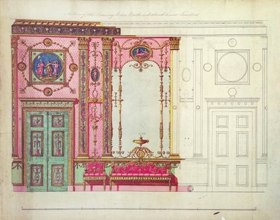 Przekrój salonu, Northumberland House, Londyn; projekt ściany końcowej, (pióro, tusz i wc) autorstwa Robert Adam