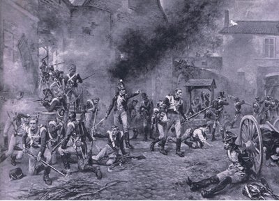Obrona Hougoumont 18 czerwca 1815 r., ilustracja z brytyjskich bitew lądowych i morskich, 1915 r. autorstwa Robert Alexander Hillingford