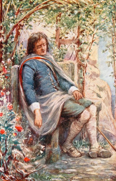 Christian śpi w altanie (kolorowa litografia) autorstwa Robert Ambrose (after) Dudley