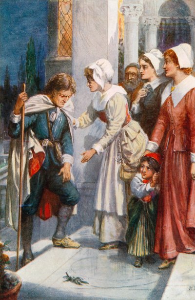 Chrześcijanin powitany w Pałacu Piękna (kolorowa litografia) autorstwa Robert Ambrose (after) Dudley