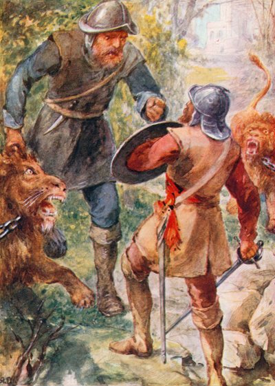 Greatheart atakuje Giant Grima (kolorowa litografia) autorstwa Robert Ambrose (after) Dudley