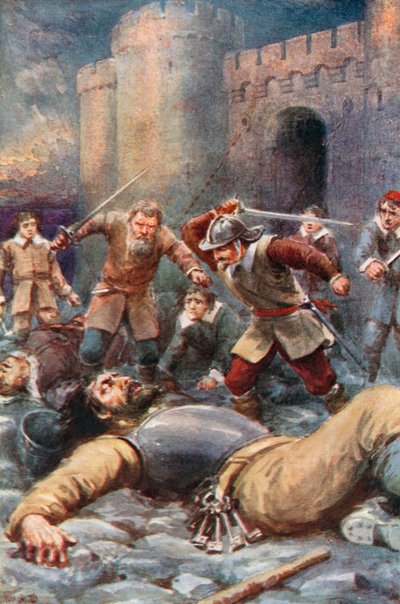 Pielgrzymi niszczą wątpiący zamek (kolorowa litografia) autorstwa Robert Ambrose (after) Dudley