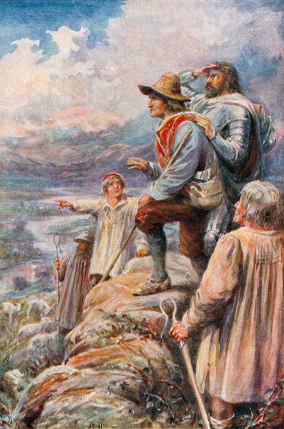 The Pilgrims on the Delectable Mountains (kolorowa litografia) autorstwa Robert Ambrose (after) Dudley