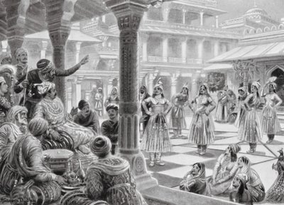 Akbar gra w warcaby z Living Pieces w Fatehpur Sikri autorstwa Robert Ambrose Dudley