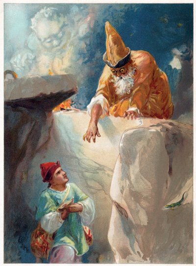 Aladdin and the Magician, ilustracja z książki „Once Upon a Time” wydanej przez Ernesta Mistera, ok. 1900 (kolor lito) autorstwa Robert Ambrose Dudley